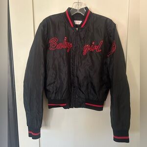 Vintage Y2K “Baby Girl” rhinestone red black letterman varsity jacket cropped